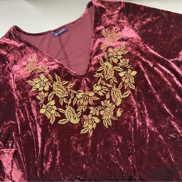 Roamans Velvet Dress Burgundy Red Gold Floral Embroidered Neckline 34/ 36 Sz 4XL - Picture 1 of 6